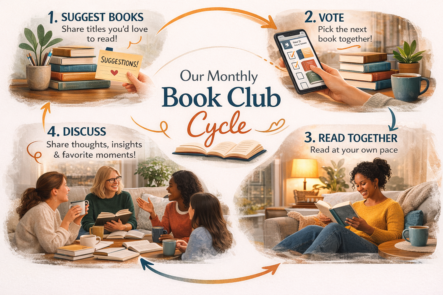 Illustrated monthly book club cycle with suggest, vote, read, and discuss steps.