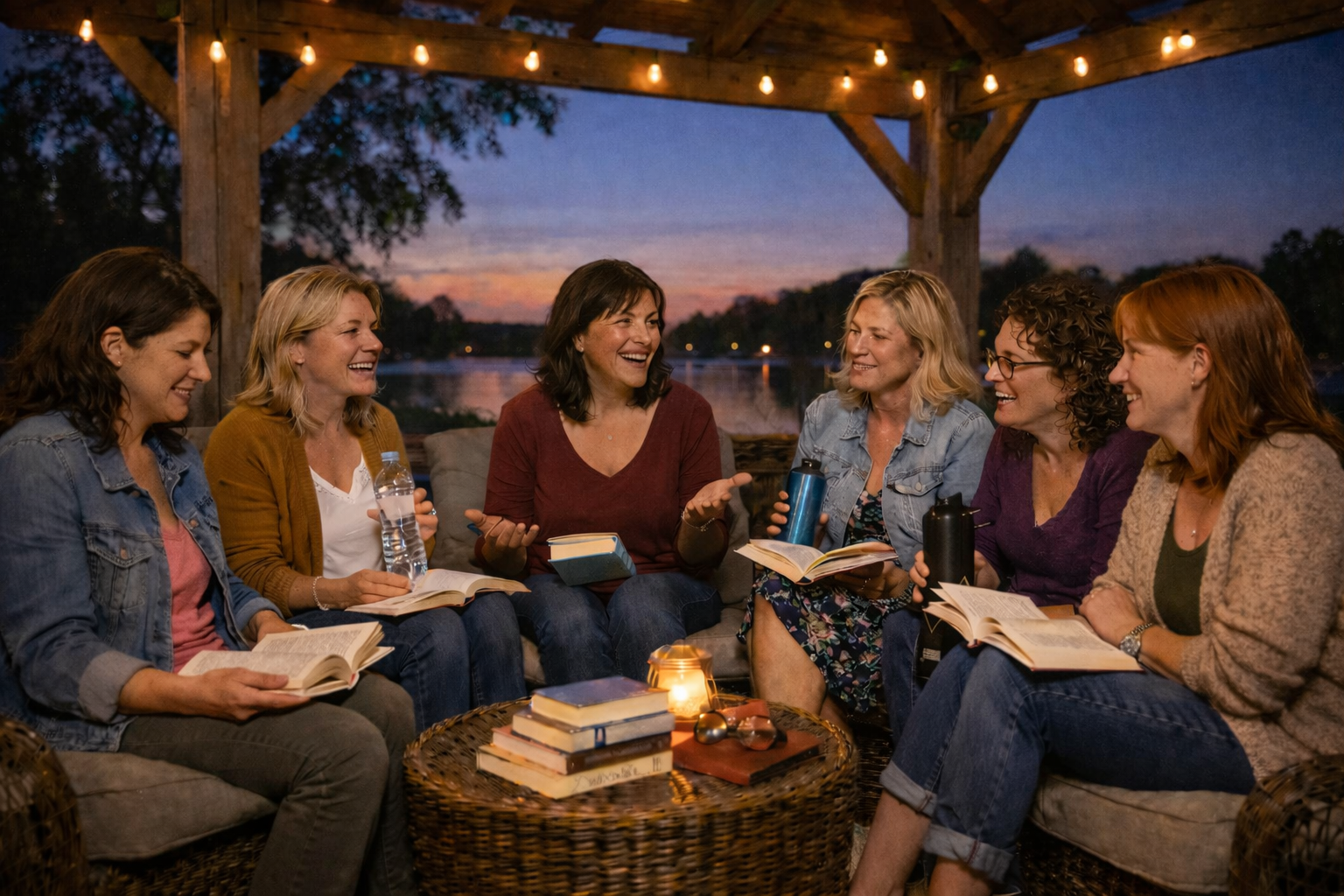 Book club members discussing books together outdoors at sunset.